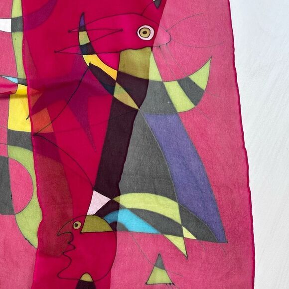 Hand painted red silk chiffon abstract modernist scarf 12” x 68” - Picture 2 of 7